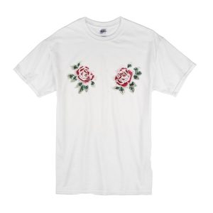 White T Shirt Roses Boobs Chest