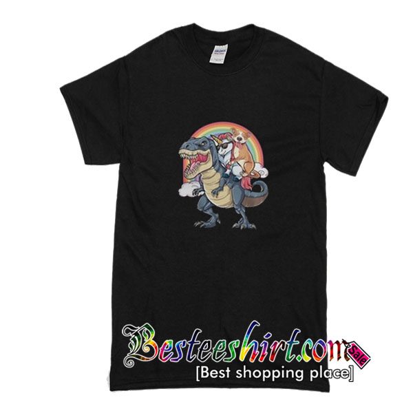 Unicorn and Pitbull riding a Dinosaur T-rex shirt